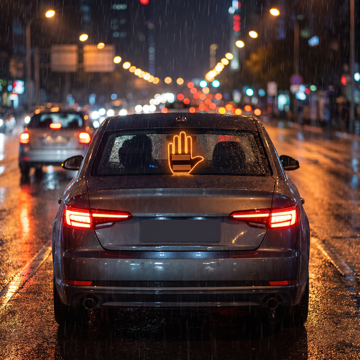 MotoRage light glowing in car rear window at night