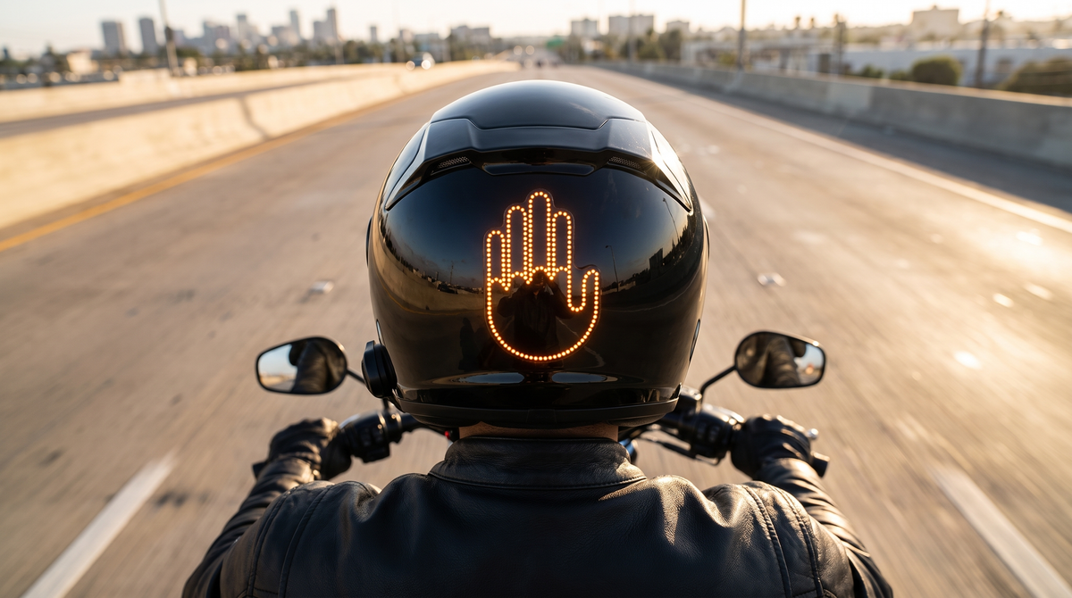 MotoRage LED finger light on back of motorcycle helmet riding